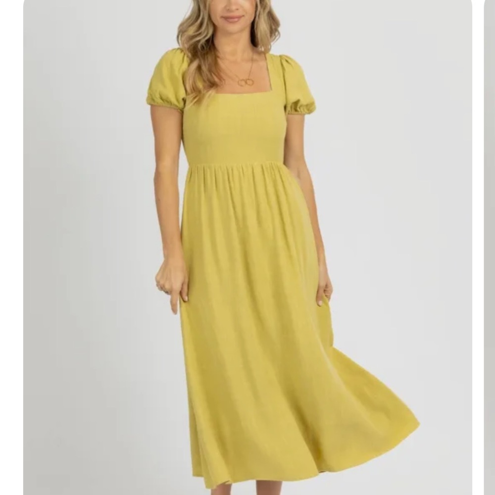 Endless Blu. Chartreuse. Puff Sleeve Open-Back Midi Dress